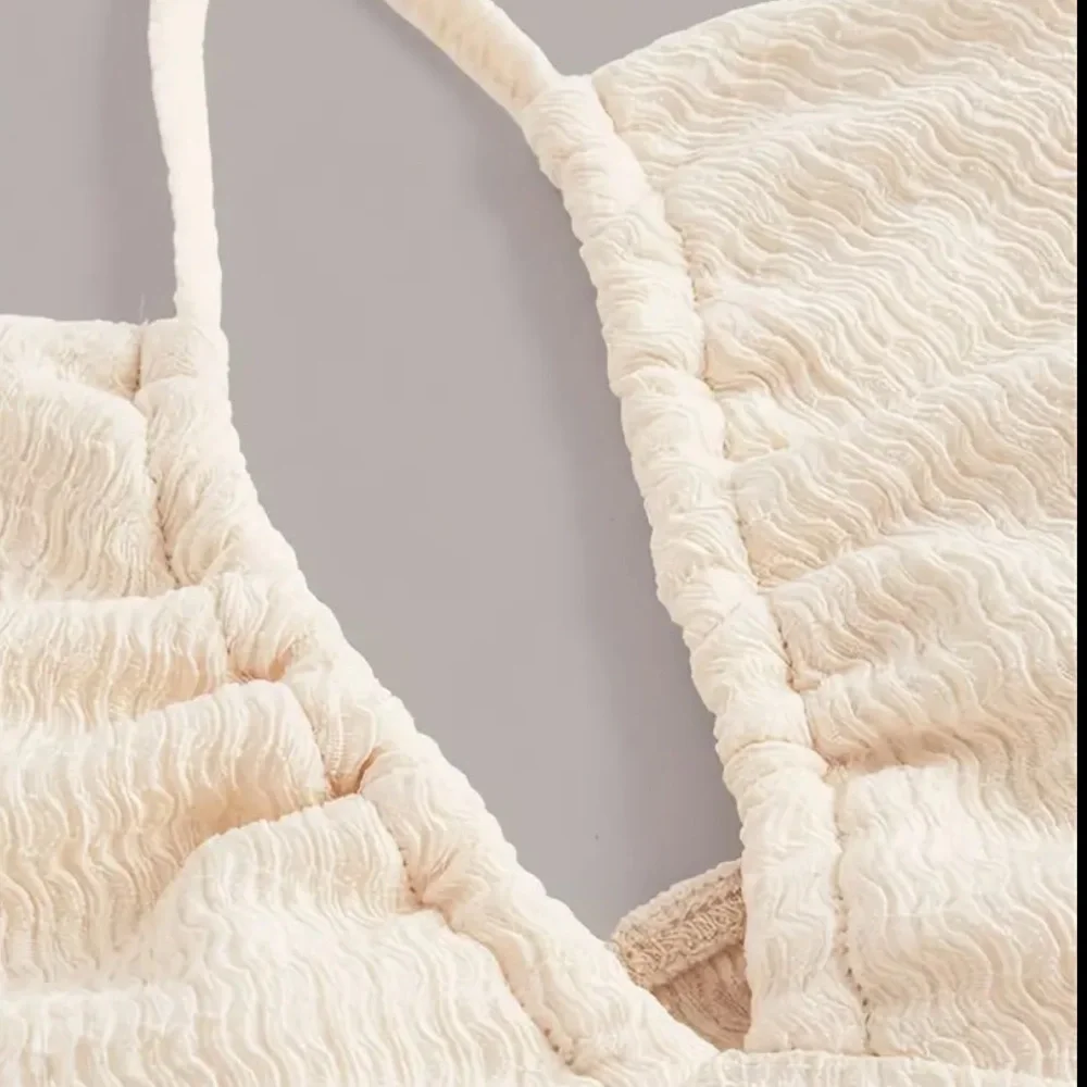 NEW Textured Beige Halter Crop Top Versatile Keyhole Tube Ties A-Line Swing XS - Picture 3 of 10